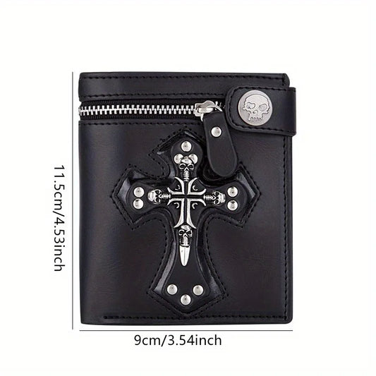 Sac à Main Rétro Punk Homme Nouveau 2025 Crâne Croix Portefeuille Pochette Chaîne Rivets Porte-cartes Vintage Rocker Multi-fonctions Mini Portefeuille