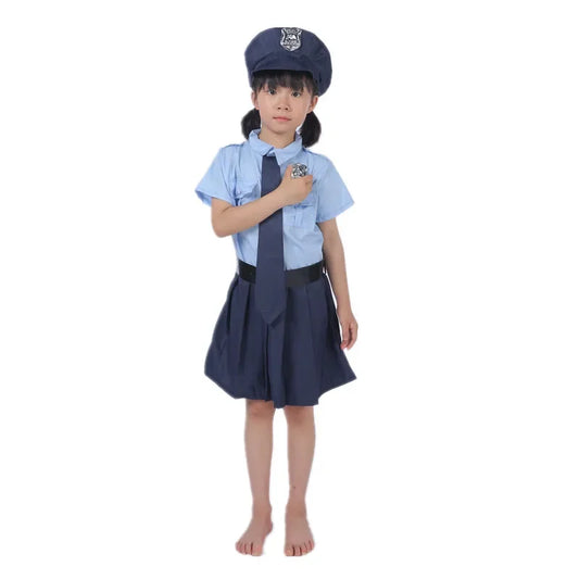 Girls Police Officer Work Uniform Halloween Role Play Button Costume Police Toy Accessory with Walkie Talkie Whistle Baton Gift