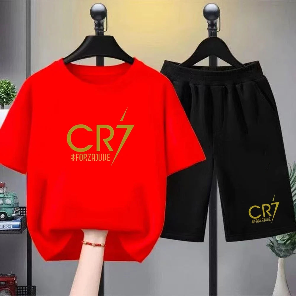 Children CR7 Printing Clothing Short-sleeved T-shirt+Shorts Cool Summer Clothes Boys Girls Toddler 3-12Yrs Football Sports Set