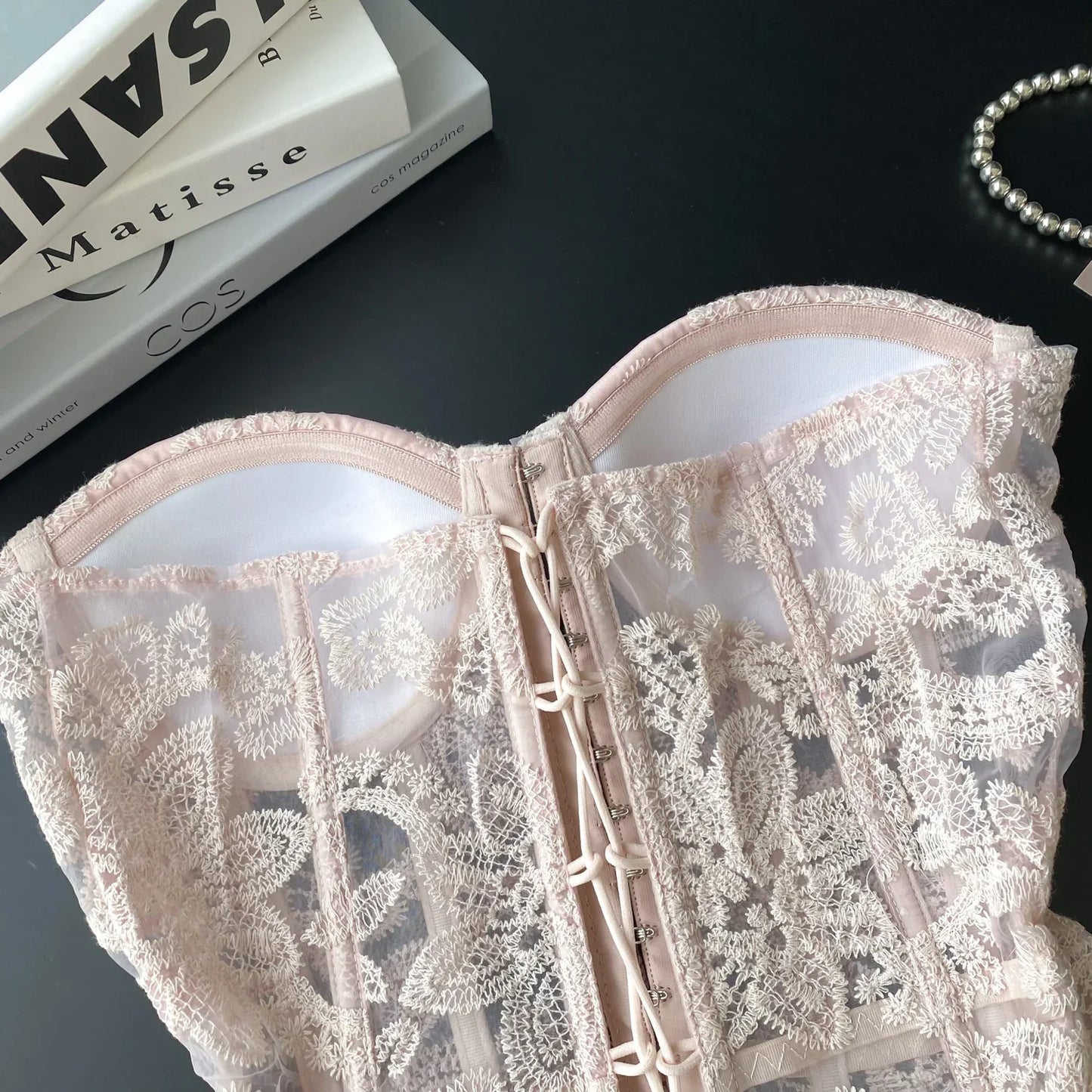 Floral Embroidery Sexy Club Top Female Strapless Slim Corset Backless Tank Top French Lace Up Basics Sheer Camisole