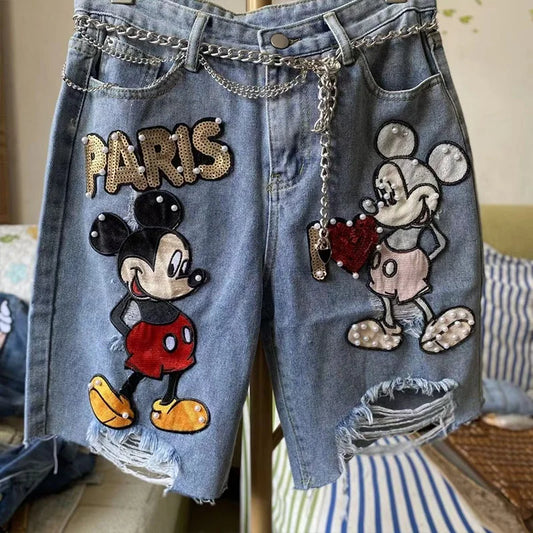 Supzoom New Arrival Loose Casual Summer Top Fashion Cotton Embroidery Beading Mickey Mouse Summer Denim Shorts