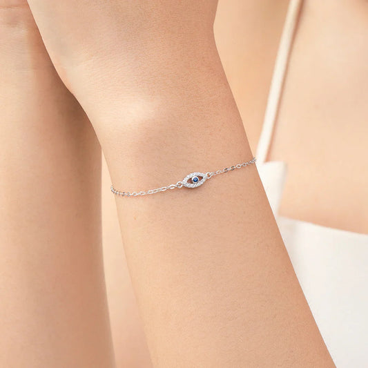 Bracelet réglable délicat en argent sterling 925 avec œil porte-bonheur bleu, chaîne fine pour femme, serti pavé de zircone cubique, bijoux fins
