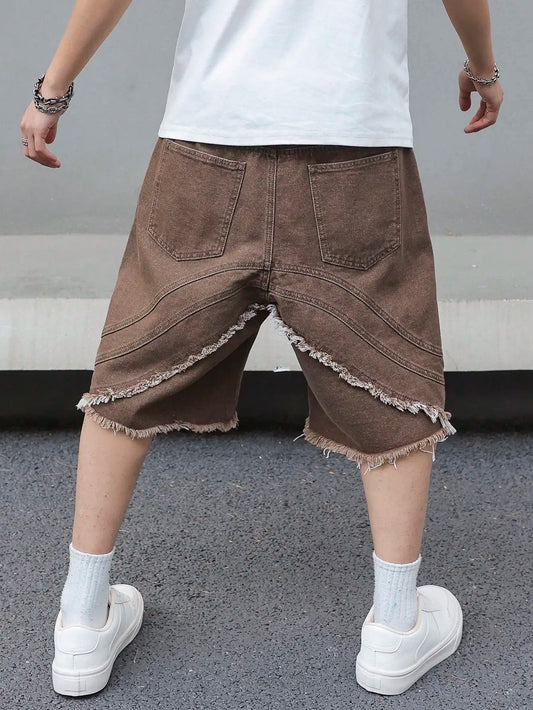 Men's Summer Brown Denim Shorts, Featuring a Fashionable, Trendy, Retro Street Style, Loose Fit, Suitable for Daily Casual Wear.