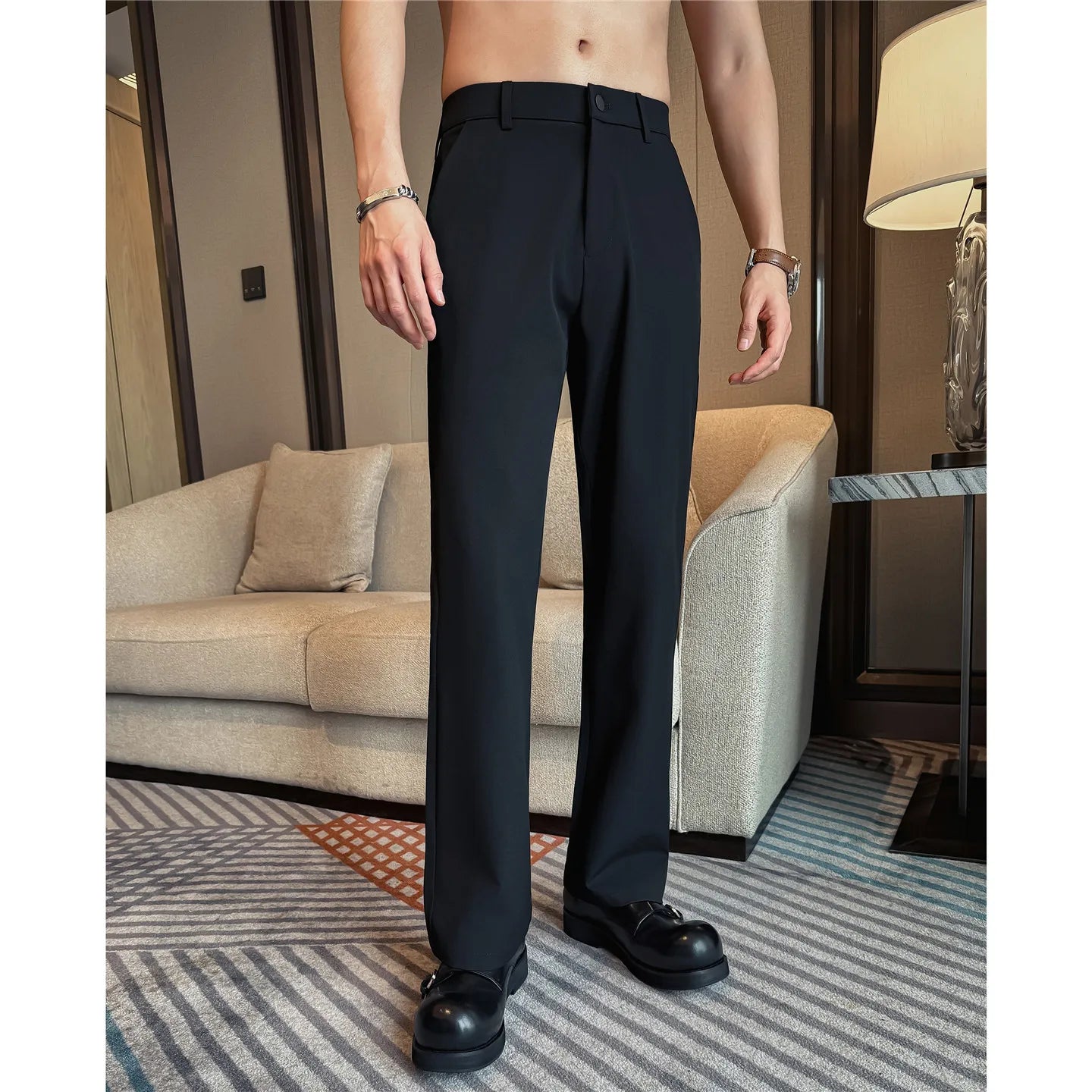 Men's Pleated Trousers, Elastic Waist, Wide-Leg, Casual Suit Pants, 2026 Spring, White/Black, S-4XL