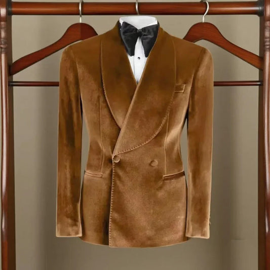 Formal Velvet Men's Suits Blazer Double Breasted Jacket 1 Piece Elegant Slim Fit Male Clothing Wedding Men Business Casual Coats
