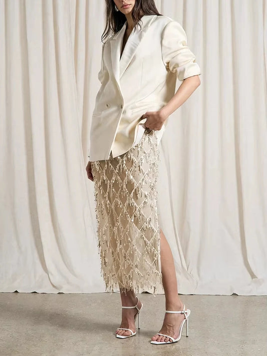 Elegant Club Party Perspective Half Skirt Tassel Sequin Spring Summer Skirt Fashion High Waisted Solid Color Women's Long Skirt