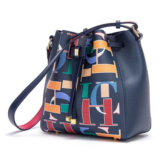 Color-Blocked Letter Print Design Women's New Shoulder Bag Seasonal New Arrival Fashionable Classic Women's Bucket Bag