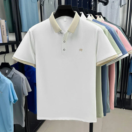 Designer brand silk cotton short sleeve polo shirt summer new Korean casual men's T-shirt fashion embossed soft breathable top