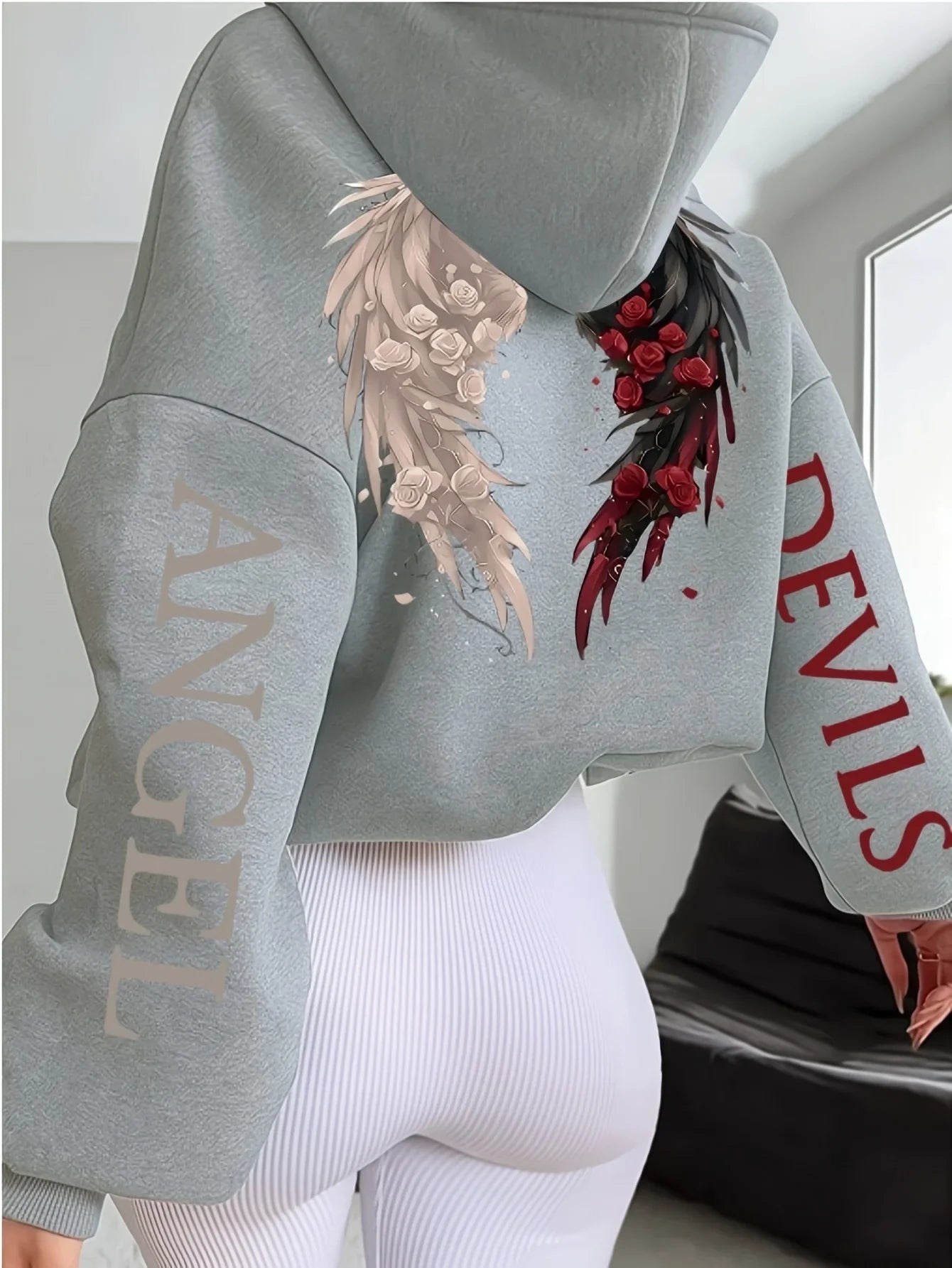 Women's Plus-size Hooded Sweatshirt Gothic Angel and Demon Pattern Autumn and Winter Fleece Streetwear Oversized Loose Casual