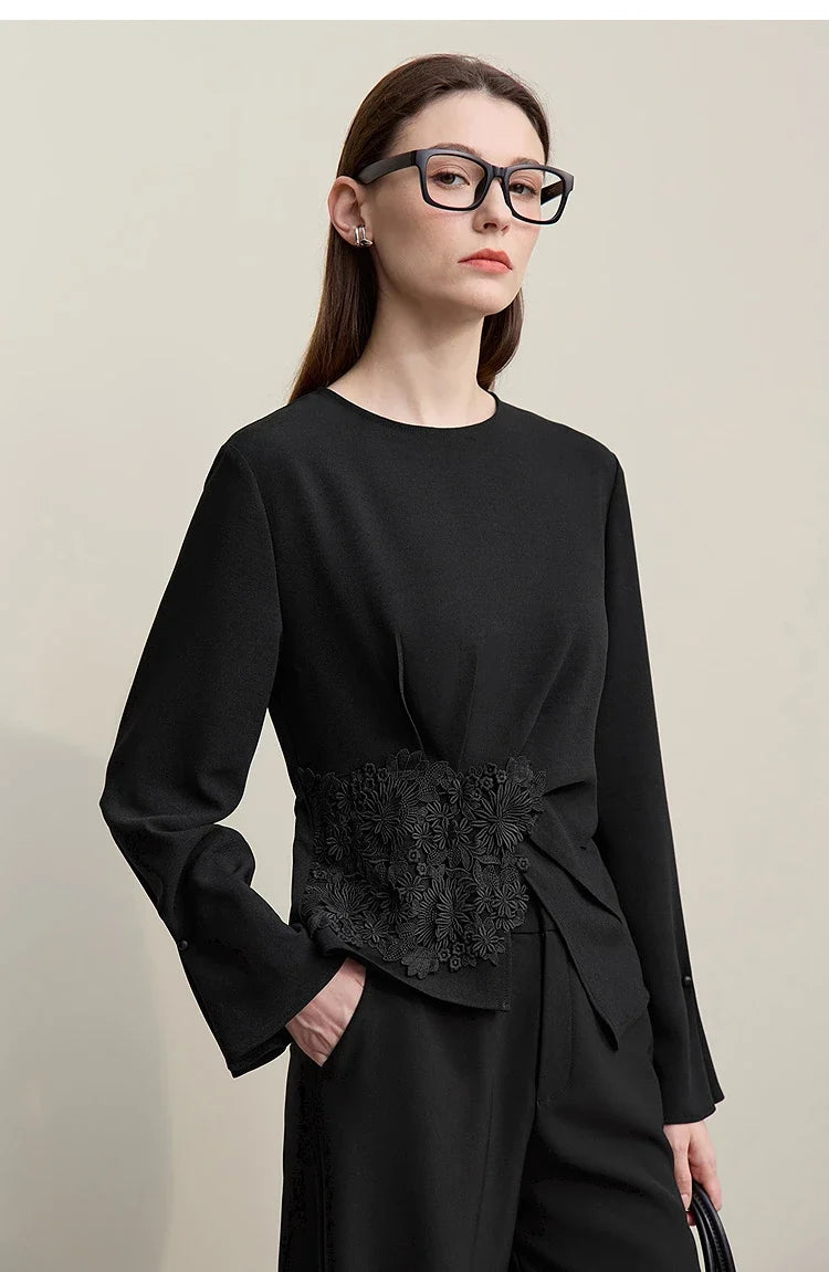 Women's Blouse 2026 Autumn New Elegant Commuter Crew Neck Lace Chiffon Women's Shirt Loose Versatile Elegant Top 12681001