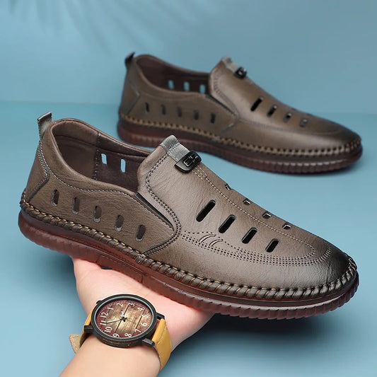 Solid Color Business Casual Shoes for Men Breathable Hallow Leather Sandals Male New Designer Fashion Summer Shoes Man
