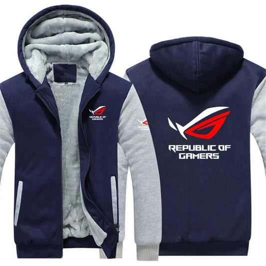 2025 Autumn Winter Cardigan Long Sleeve Thickened Hoodies Men's ROG Republic Of Gamers Print Cold-Proof High Street Hooded Coats