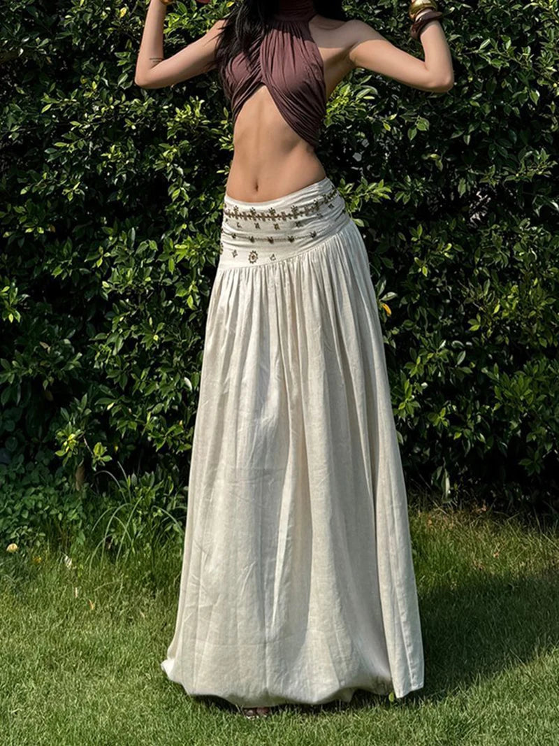 Vintage Beading Midi Skirt Women Vacation Beach Low Waist Skirts Summer Ladies Streetwear Korean Casual Design A Line Faldas New