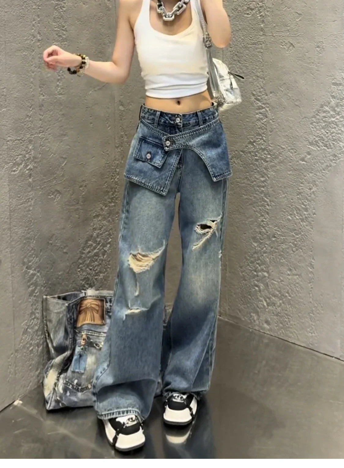 Streetwear Harajuku Jeans for Women Pantalones Vaqueros Mujer Chic Fake Two Denim Trousers Casual Straight Y2k Wide Leg Pants