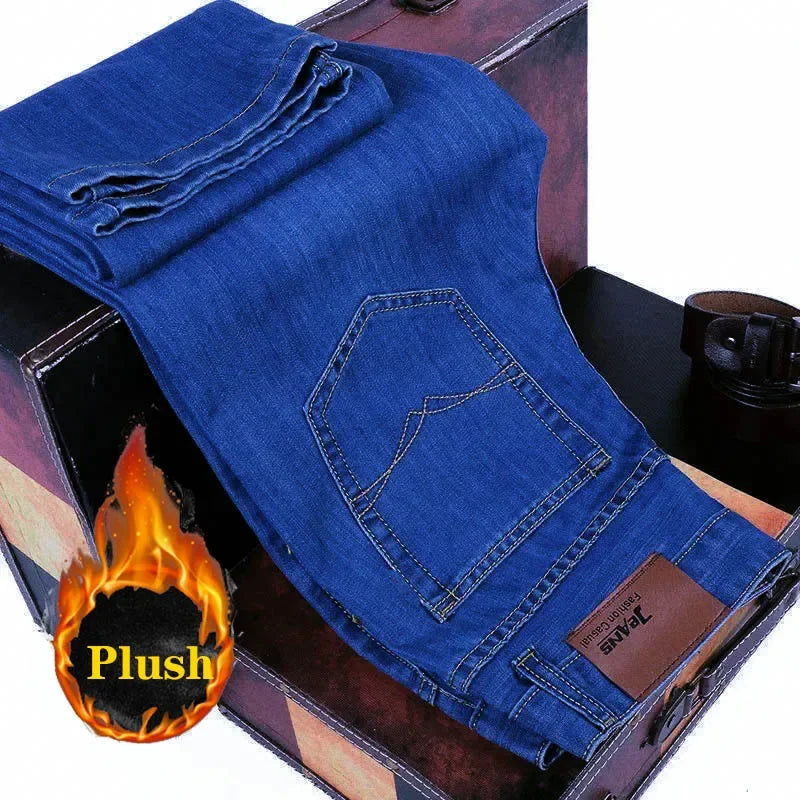 2025 New Business Casual Trousers Grey Fleece Men Clothes Black Blue Elasticity Warm Winter Jeans Velvet Jeans 28-40