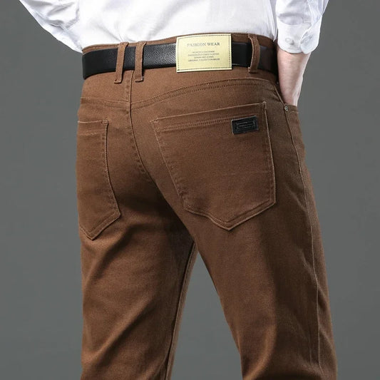 2025 Spring Autumn New Men's Clothing Slim Jeans Fashion Brown Business Casual Stretch Denim Pants Male Brand Trousers 28-44