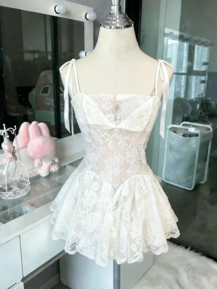 French Style Sweet Cute Polka Dot Splicing Dress Lace Bow Korean Fashion Dresses New Design Slim Waist Lady Y2k Mini Dress