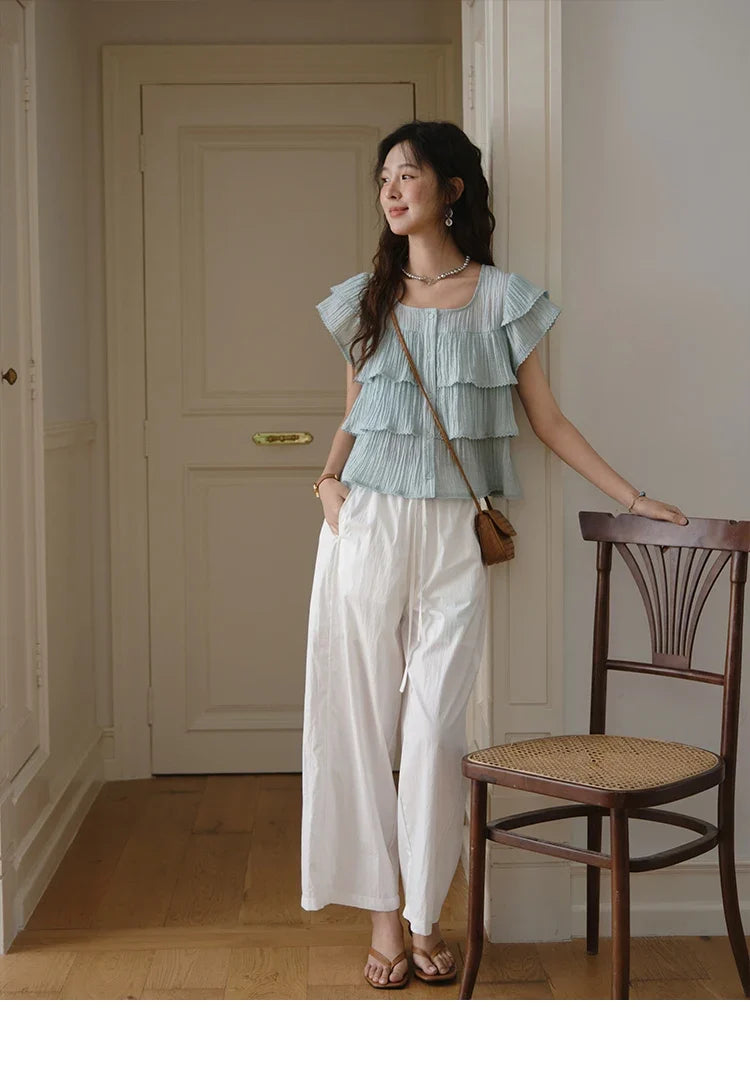 Butterfly Sleeve Chiffon Shirt Women's 2025 Summer New Women's Clothing Retro Square Neck Button Casual Shirt MXD30X1488