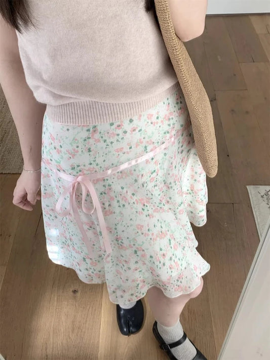 تنانير Deeptown Sweet Vintage Floral للنساء الأنيقة بفيونكة وكشكشة تنانير قصيرة على الطراز الكوري بتصميم Fairycore أنيقة بخصر عالٍ تنانير قصيرة