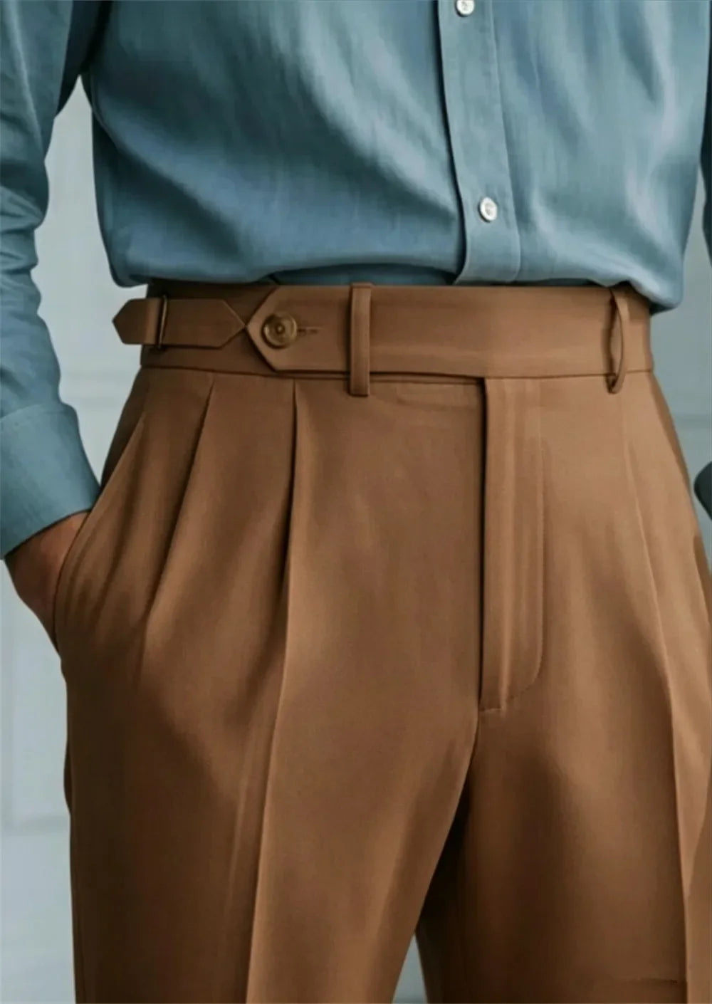 Men’s Beige High Waist Pleated Trousers Tailored Dress Pants with Side Adjusters Vintage Old Money Style