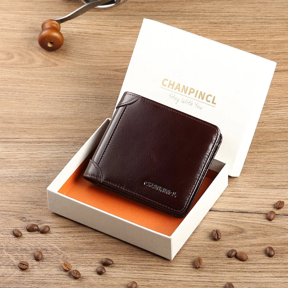 Men's Italian Top-Grain Cow Leather Short Tri-Fold Wallet – RFID Blocking & Gift Box