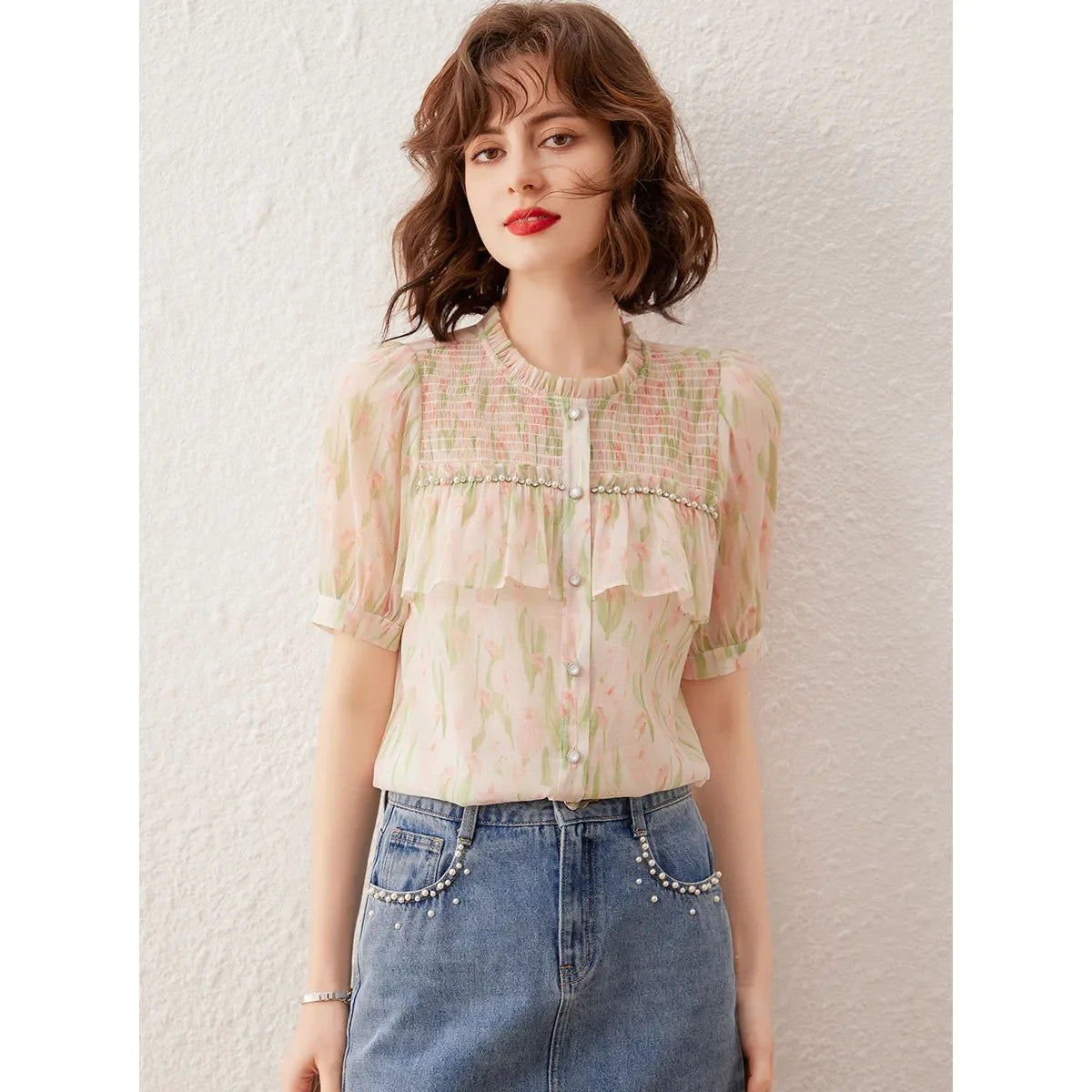 Women Shirt Elegant Print Beading Blouses 2024 Summer O Neck Short Sleeve Women's Top