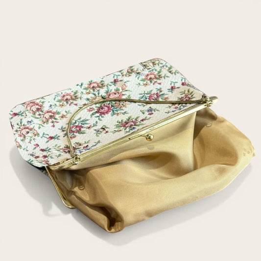 Lost in Vintage Thread Embroidered Bag Metal Handle Petitpoint Clutch Antique Kiss Lock Crossbody Kiss Lock Frame Evening Bag