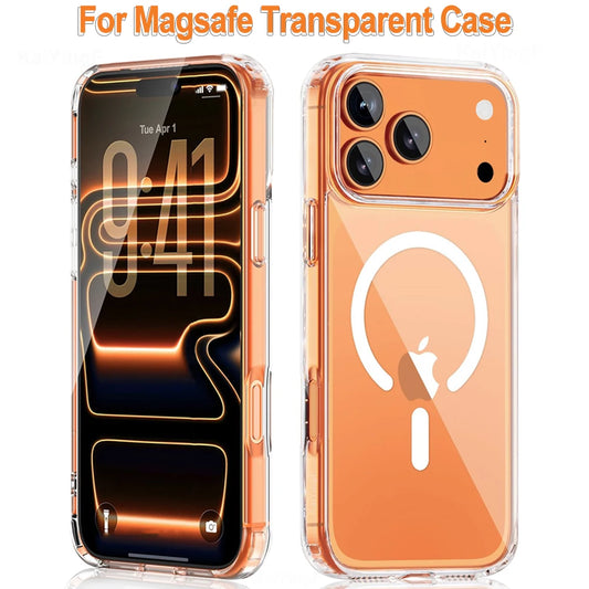 For Magesafe Phone Case for iPhone 17 16 15 14 13 12 11 Pro Max Air Plus Magnetic Wireless Charge Transparent Case Back Cover