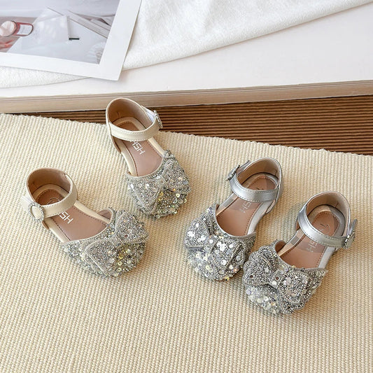 Faux Gemstones Shoes for Kids Girls Shining Crystal Girls Dress Shoes for Party and Wedding Bowtie Children Girl Sandals I04204