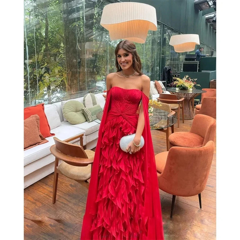Red Off Shoulder Tiered Ruffles Prom Dress Detachable Shawl vestidos de noiva Customize A-line Floor-length Formal Evening