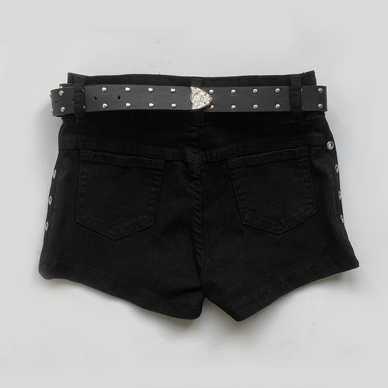 Summer Black Sexy Low Waist Y2K Jean Shorts Women Holiday Punk Gothic Denim Pants Korean Daily Fashion Skinny Strech Shorts+Belt