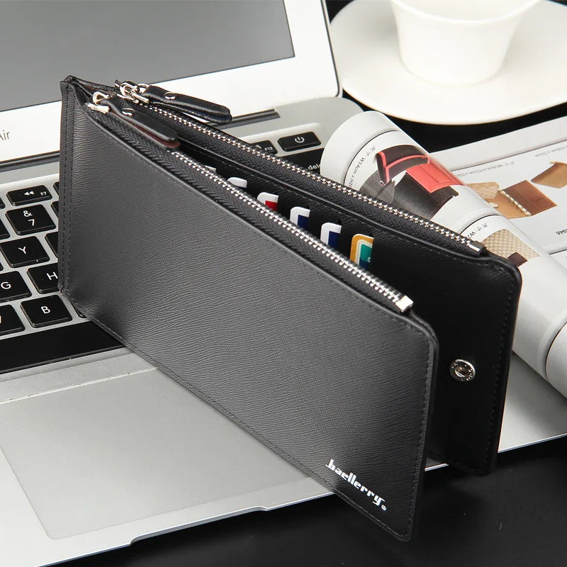 Long Wallet Credit Card Holder Men's Leather PU Wallets with Coin Purse Phone Pocket Double Zipper for Male