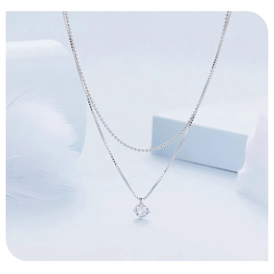 925 Sterling Silver Shining Zircon Pendant Necklace Double Layer Neck Chain for Women Engagement Wedding Fine Jewelry