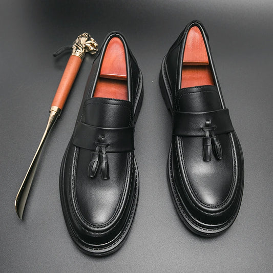 Tassel Loafers Men Platform Thick-soled Formal Business Shoes Slip-on Comfortable Mens Leather Wedding Casual Shoes Oxford Shoes