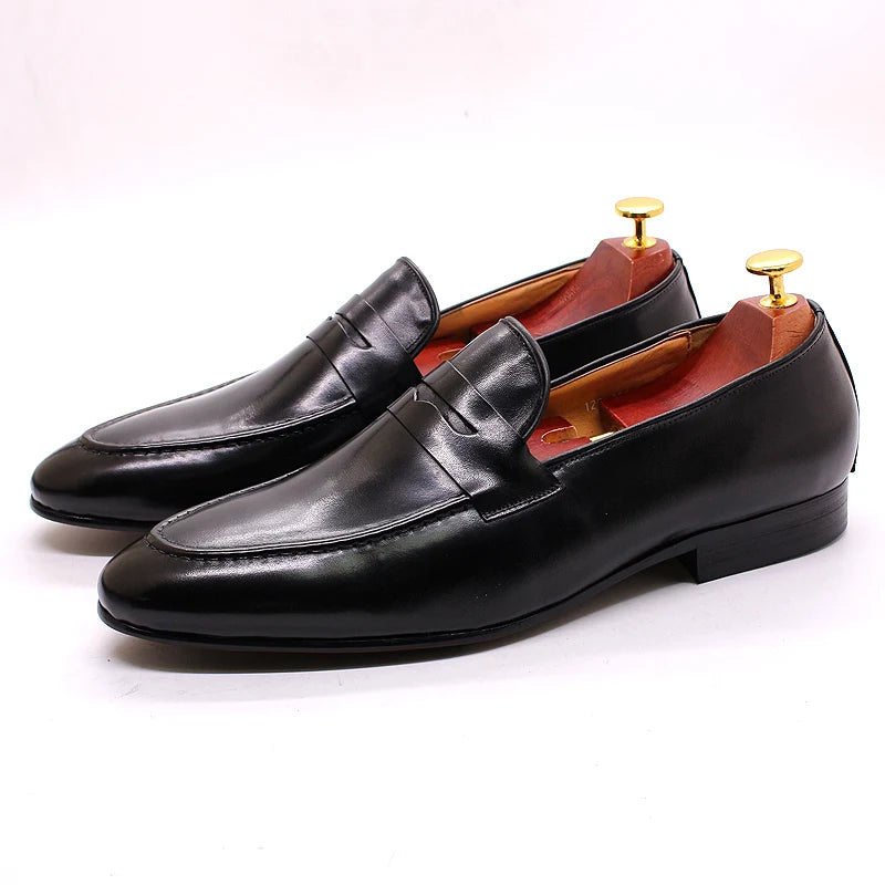 Mens Penny Loafers Leather Shoes Genuine Leather Elegant Wedding Party Casual Dress Shoes Brown Black Shoes for Men