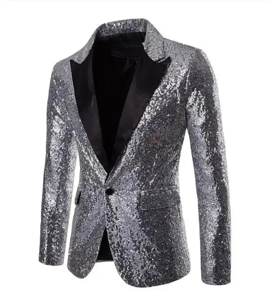 2026 Men's Suit Jacket, Shiny Sequin Stage Performance Coat, White Silver Blue Red Purple Blazers V-neck Single Button S-XXL