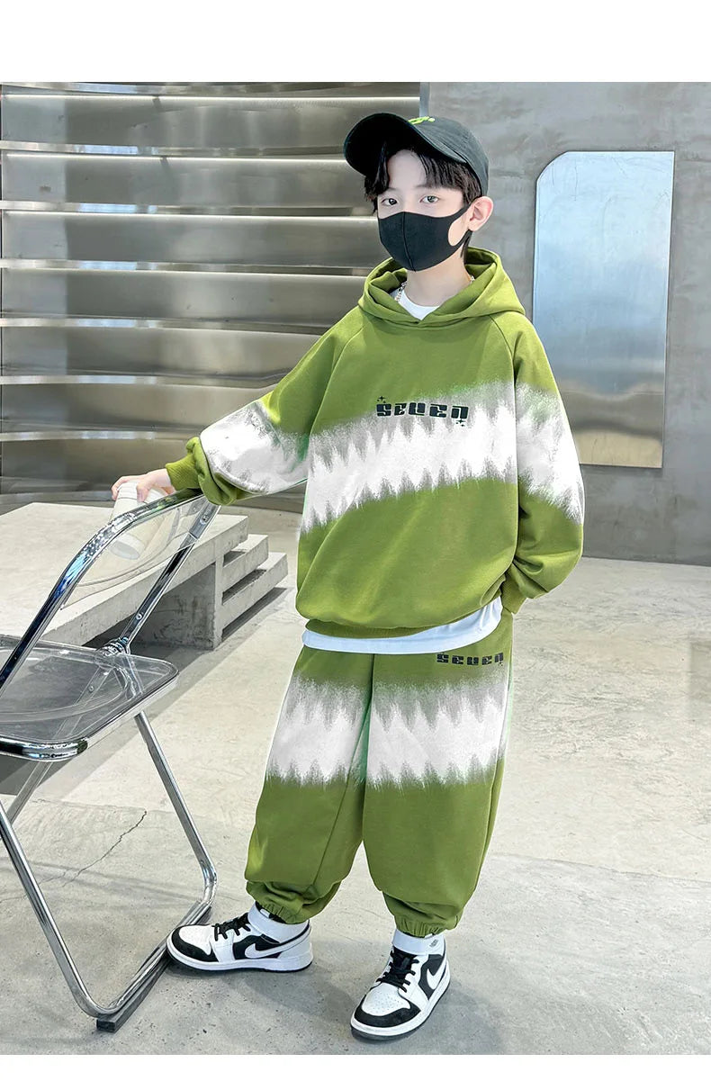 Spring Autumn Boys Contrast Tie Dye Workout Sweatshirt+Sweatpant Sets School Kids 2PCS Tracksuit Children Jogging Outfits 5-16Yr