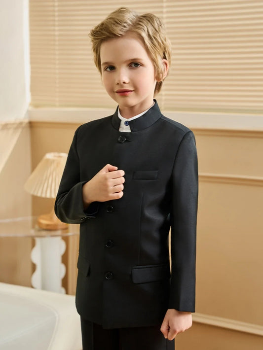 Formal Black Kids Stand-up Collar Suit Set 3 Pieces Jacket Shirt Pants School Choir Performance Stylish Boys Tuxedo Banquet Wear