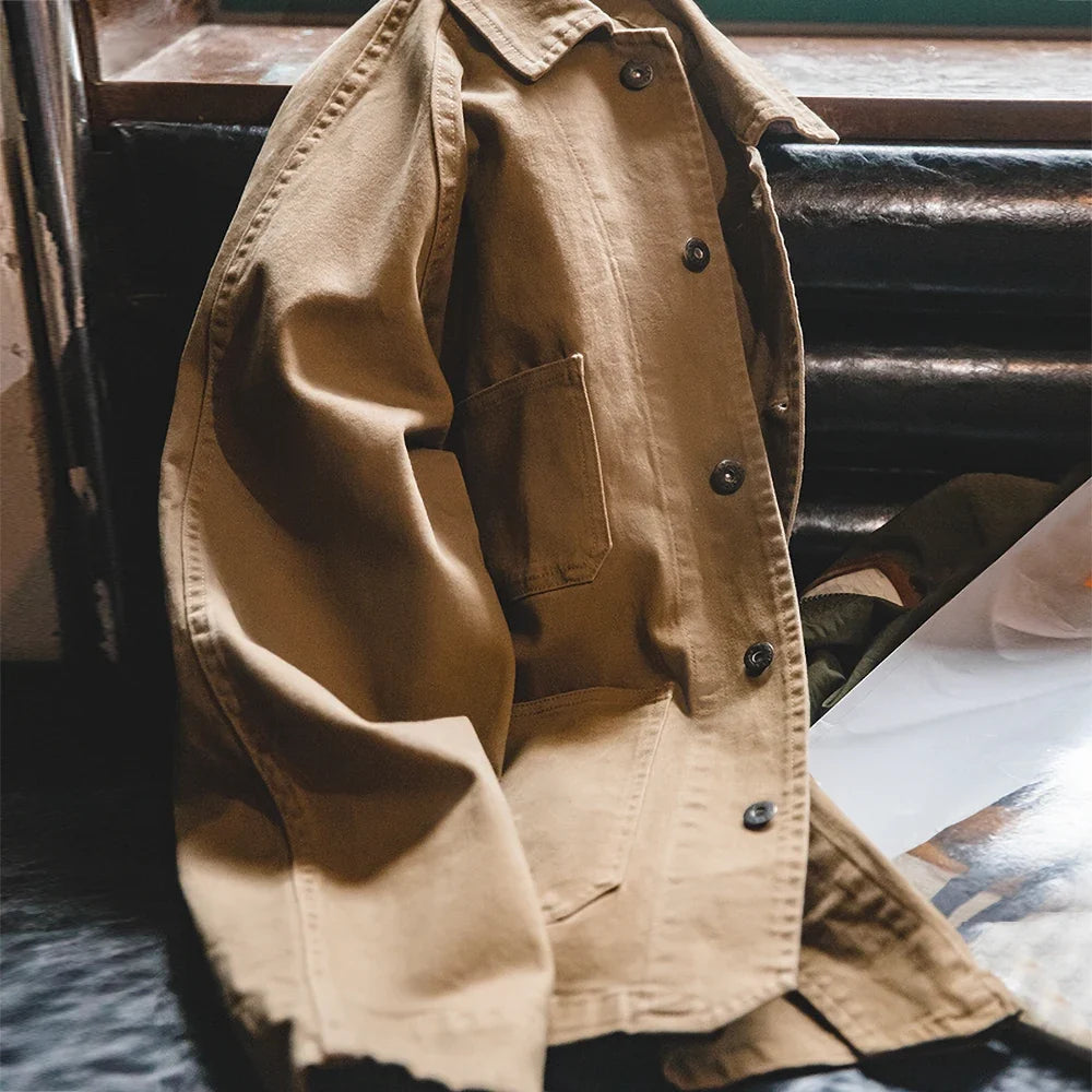 Heavyweight Twill Fabric Four-pocket Chore Coat for Men Khaki Color Turn-down Collar Utility Jacket Male Autumn Jackets