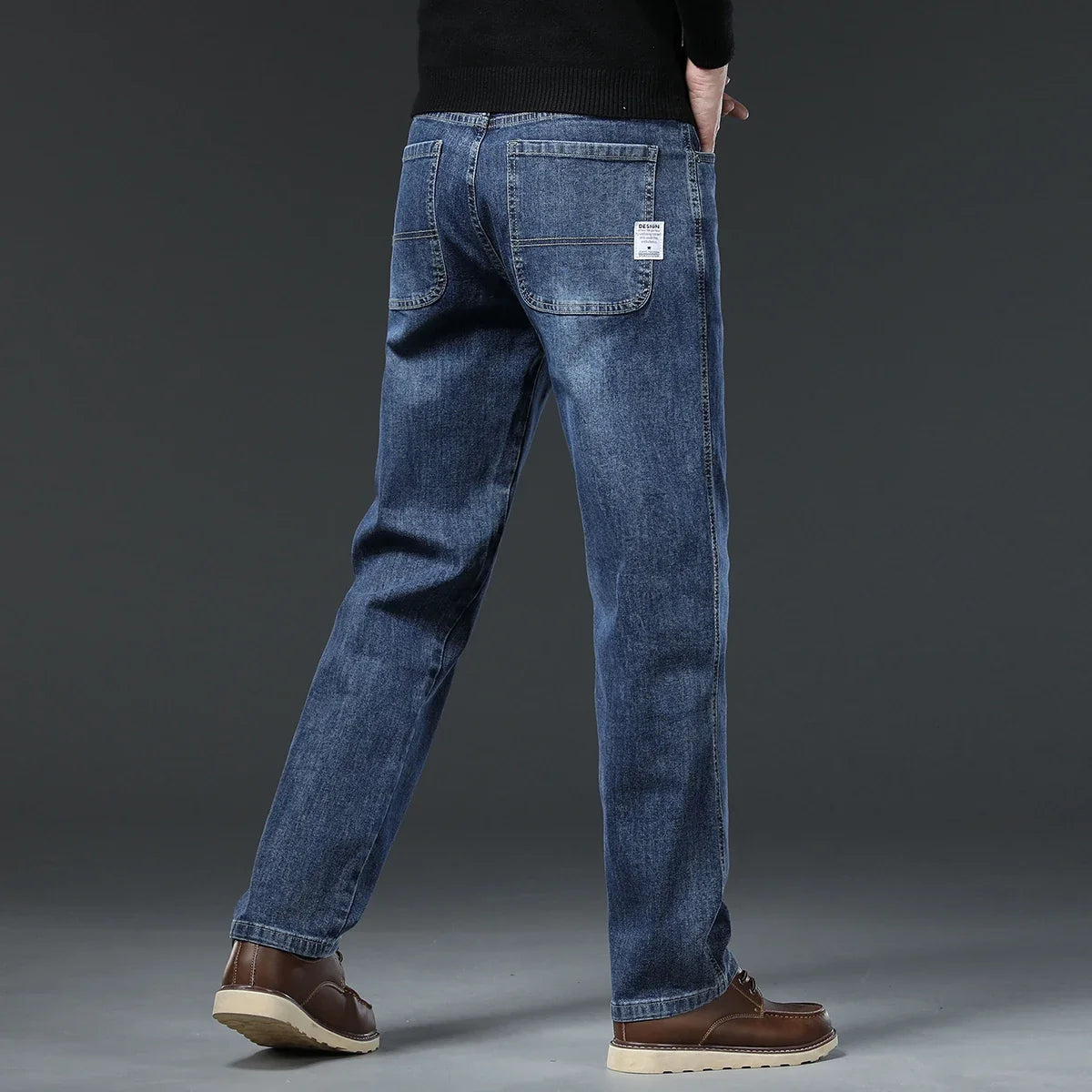 Autumn Winter Brand New High Waist Jeans Classic Business Casual Office Men's Fashion Stretch Slim Denim Jeans Navy Blue