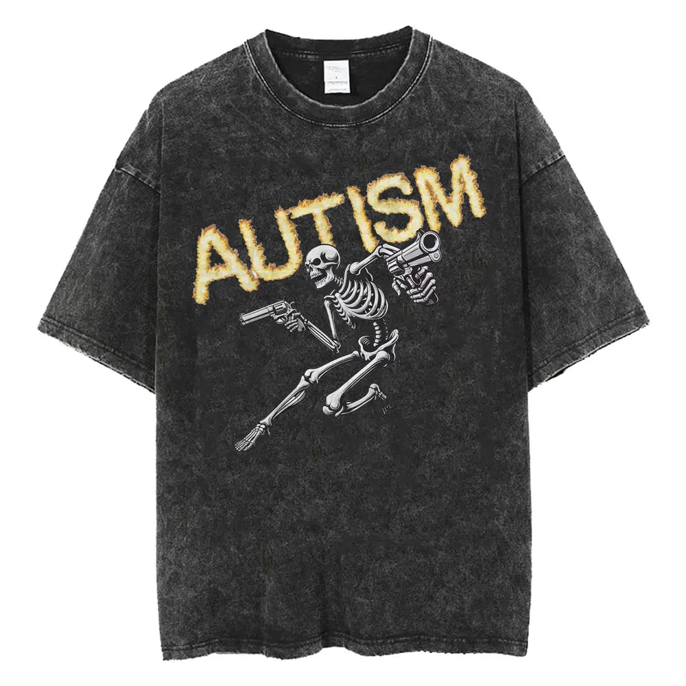 Autism Skeleton Meme T Shirt Human Funny Skull Men Women Harajuku Gothic Vintage Washed T Shirts Oversized Casual Cotton T-shirt