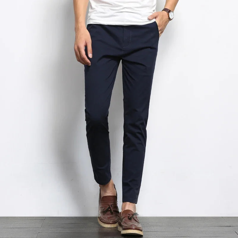 Summer Men Fashions Solid Color Casual Pants Men Straight Slight Elastic Ankle-Length High Quality Formal Trousers Men