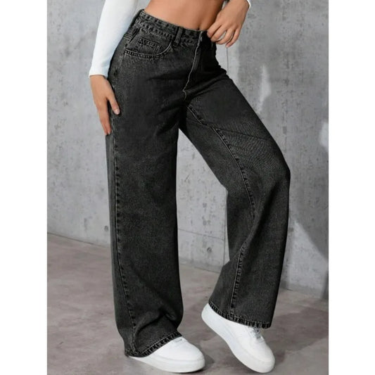 Women's Classic Wide Leg Stretch Jeans with Button Soft Comfortable Autumn Winter Vintage Wash Stylish Jeans High Street Pants