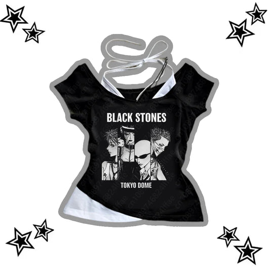Vintage 90s Punk Gothic Streetwear Women's T-Shirt Emo Y2K Suspenders Top Harajuku Aesthetic Anime Tees Sexy 2000s Clothing