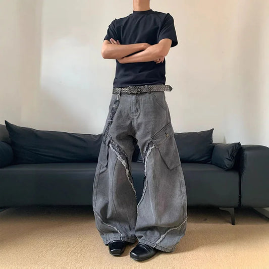 Autumn/Winter Korean Vintage Splicing Hairy Zipper Micro Horn Jeans Men's Loose Straight Leg Pants Fashion High Street Jeans