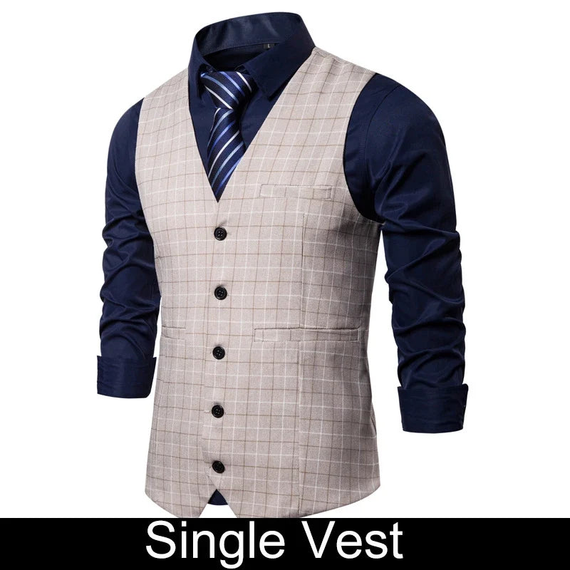 2026 Man Waistcoat Slim Plaid Business Casual Male Suit Vest V-neck Sleeveless Breathable Wedding Party Vest for Men