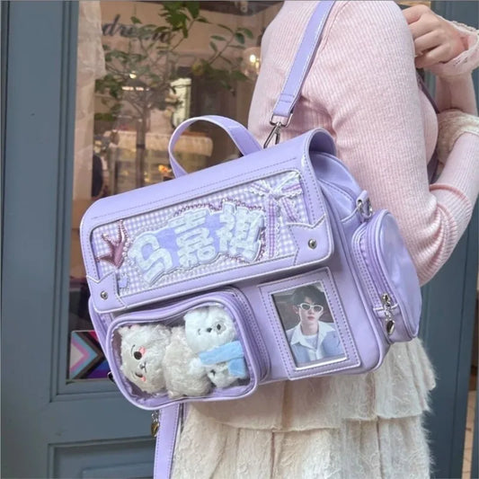 Japanese Solid Color Backpack Women Square Leather Y2K Mochilas Mujer Harajuku Large Capacity Ita Bag Anime Handle Crossbody