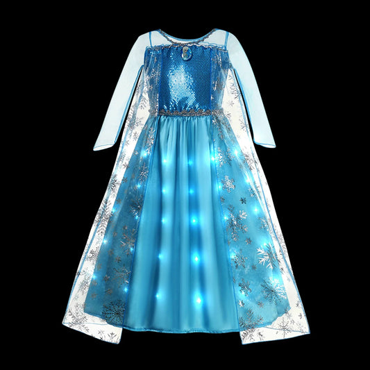 Girl Elsa Anna Princess Dress with LED Light Up Costume for Kids Cosplay Party Clothes Rapunzel Aurora Outfit Carnival Prom Gown