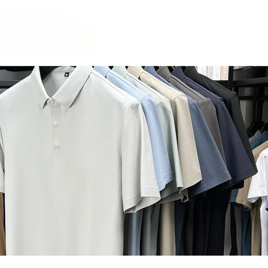 Summer Short Sleeve T-Shirt - Premium Jacquard Spandex, 7A Antibacterial, Seamless, Contrast Color, Split Hem, Wrinkle-Free Polo