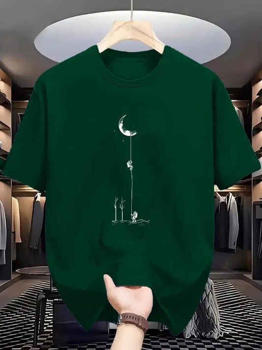 Summer Men's 100% Pure Cotton Casual Loose Fit Plus Size Moon Landing Pattern Printed Round Neck Short Sleeved T-shirt Top